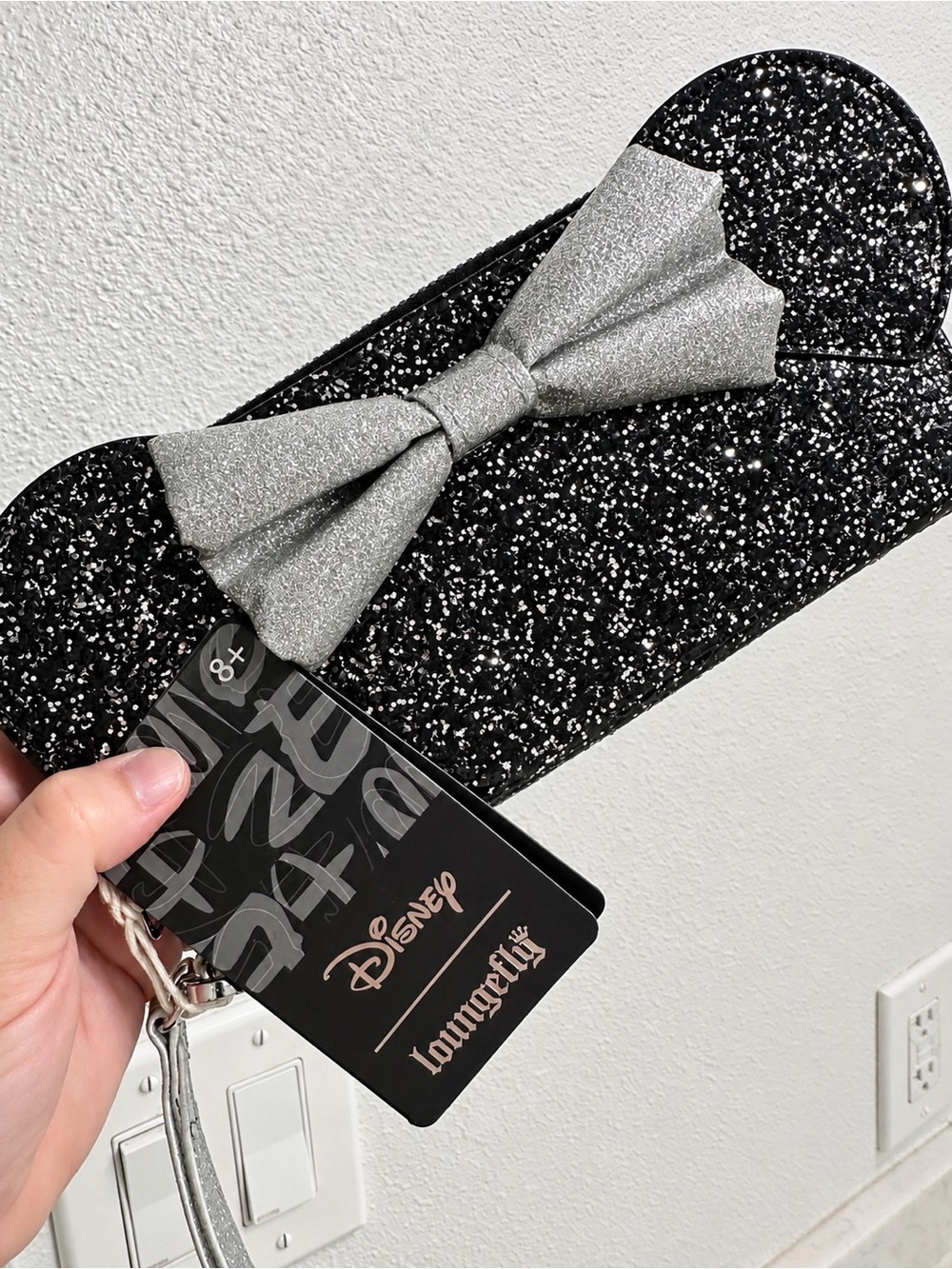 Loungefly Black Glitter Bow Wristlet with Silver Bow